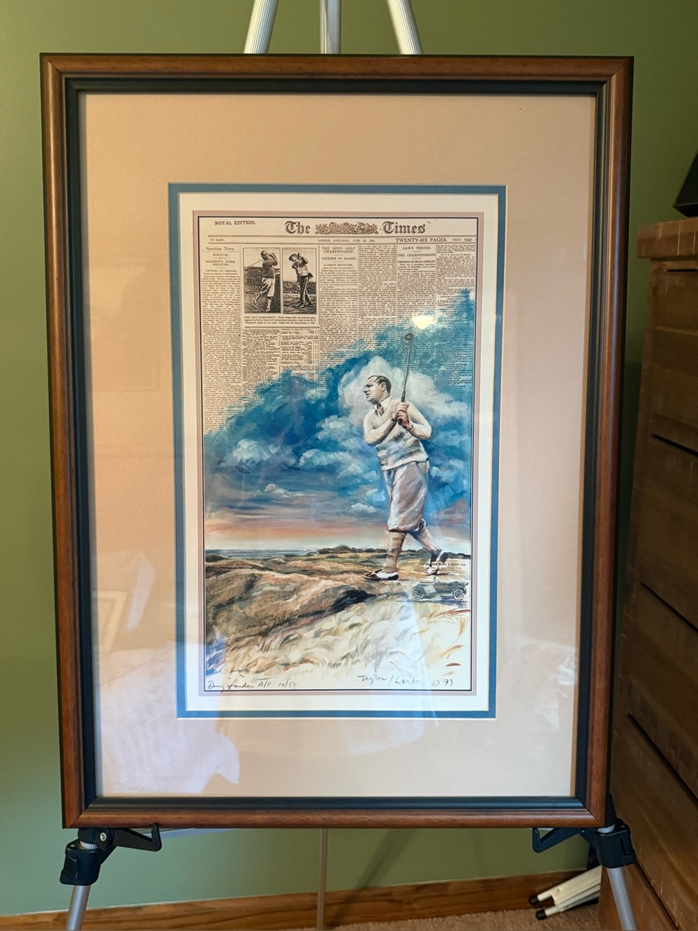 Framed Blue & Beige Golf Art Print - 15/50 signed by London the artist Framed